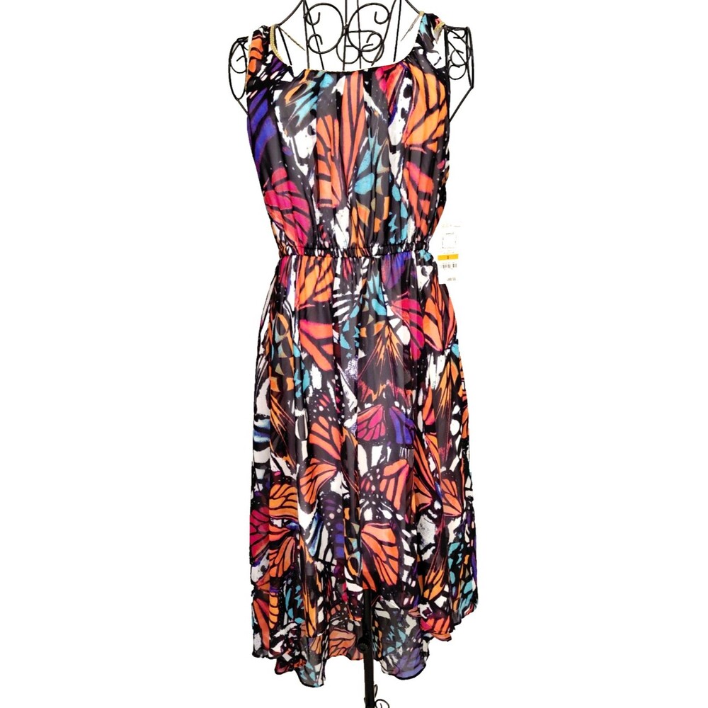 NWT Thalia Sodi Butterfly Dress Sz S Hi-Lo Hem Gold Braid Trim